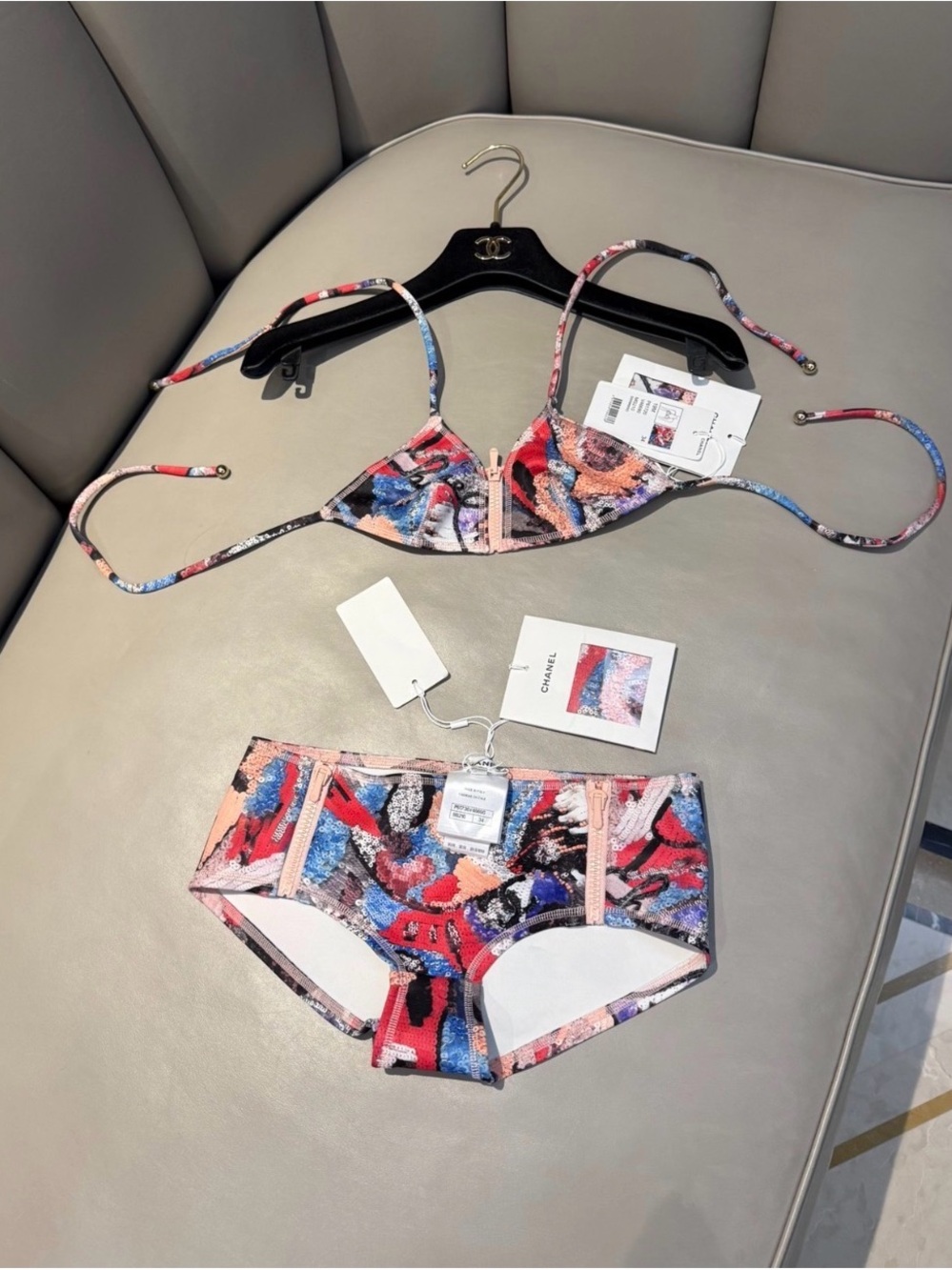 CHANEL Multicolor Sequin-Print Bikini Top